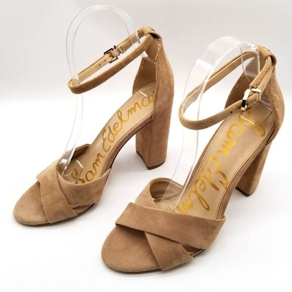 Sam Edelman Women Yancy Heeled Cross Sandals Size 9 Beige Suede Ankle Strap - Picture 1 of 7